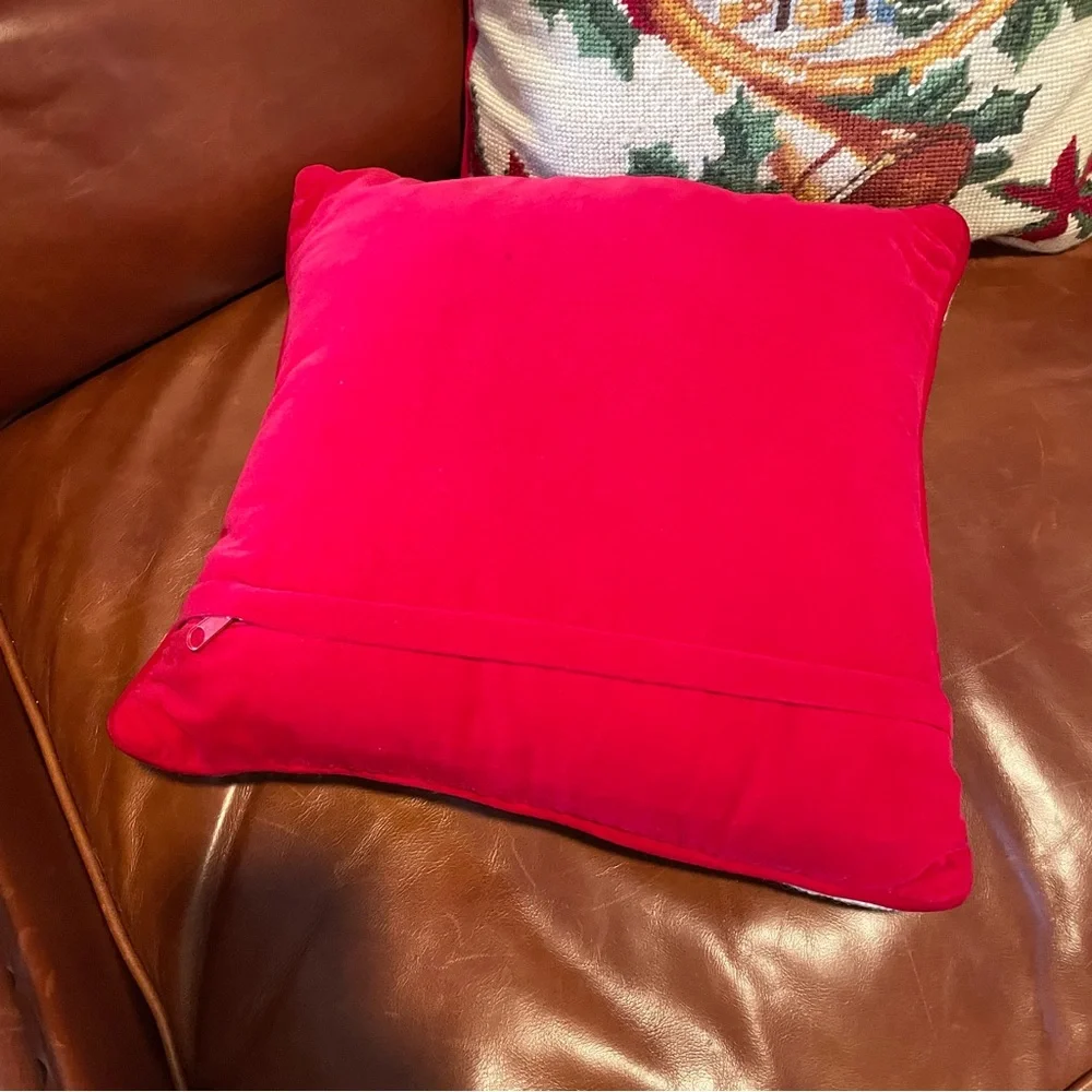 100% Wool Handmade Needle Point 2/Pillow Christmas Cabin French Horn 13x13”